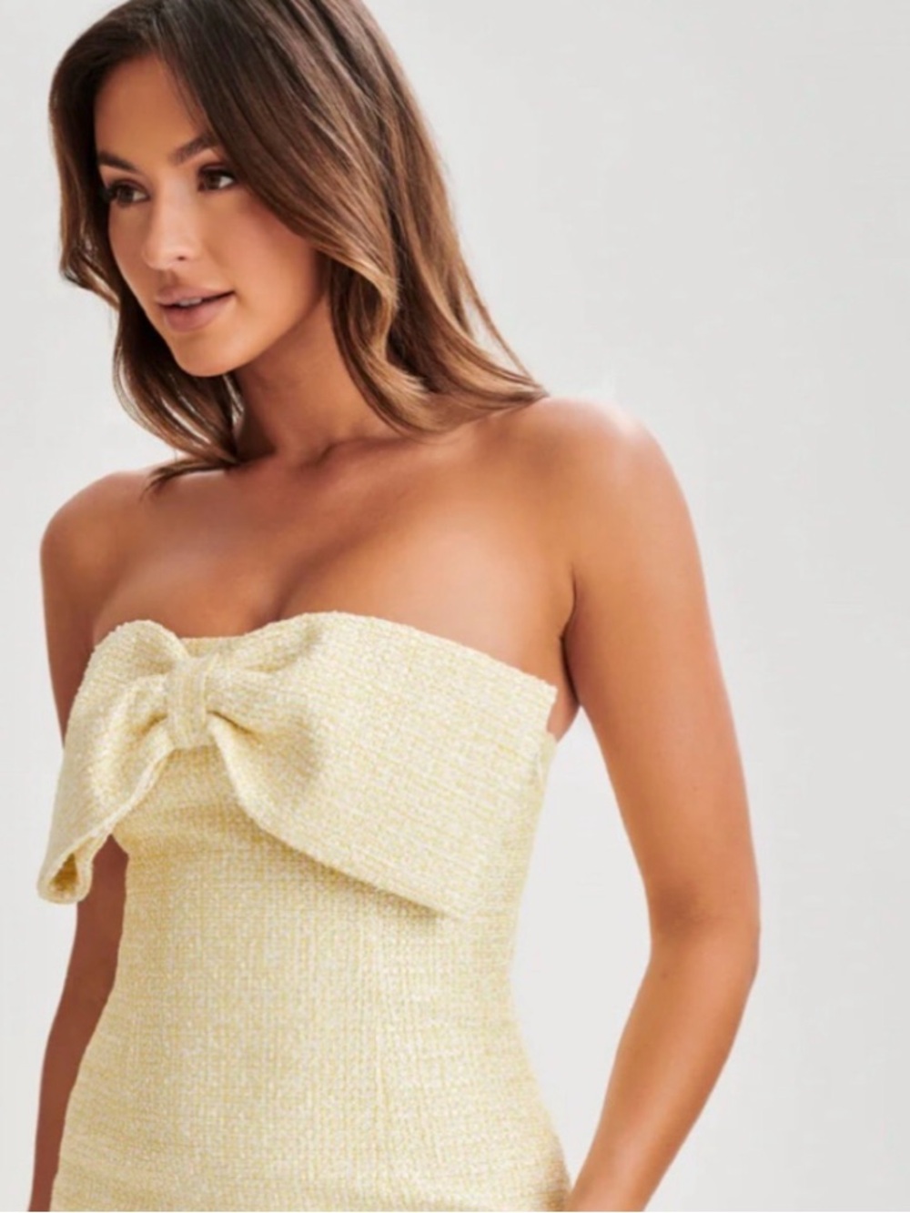 Meshki Strapless Bow-Front Mini Dress Soft Yellow tweed - Picture 2 of 9